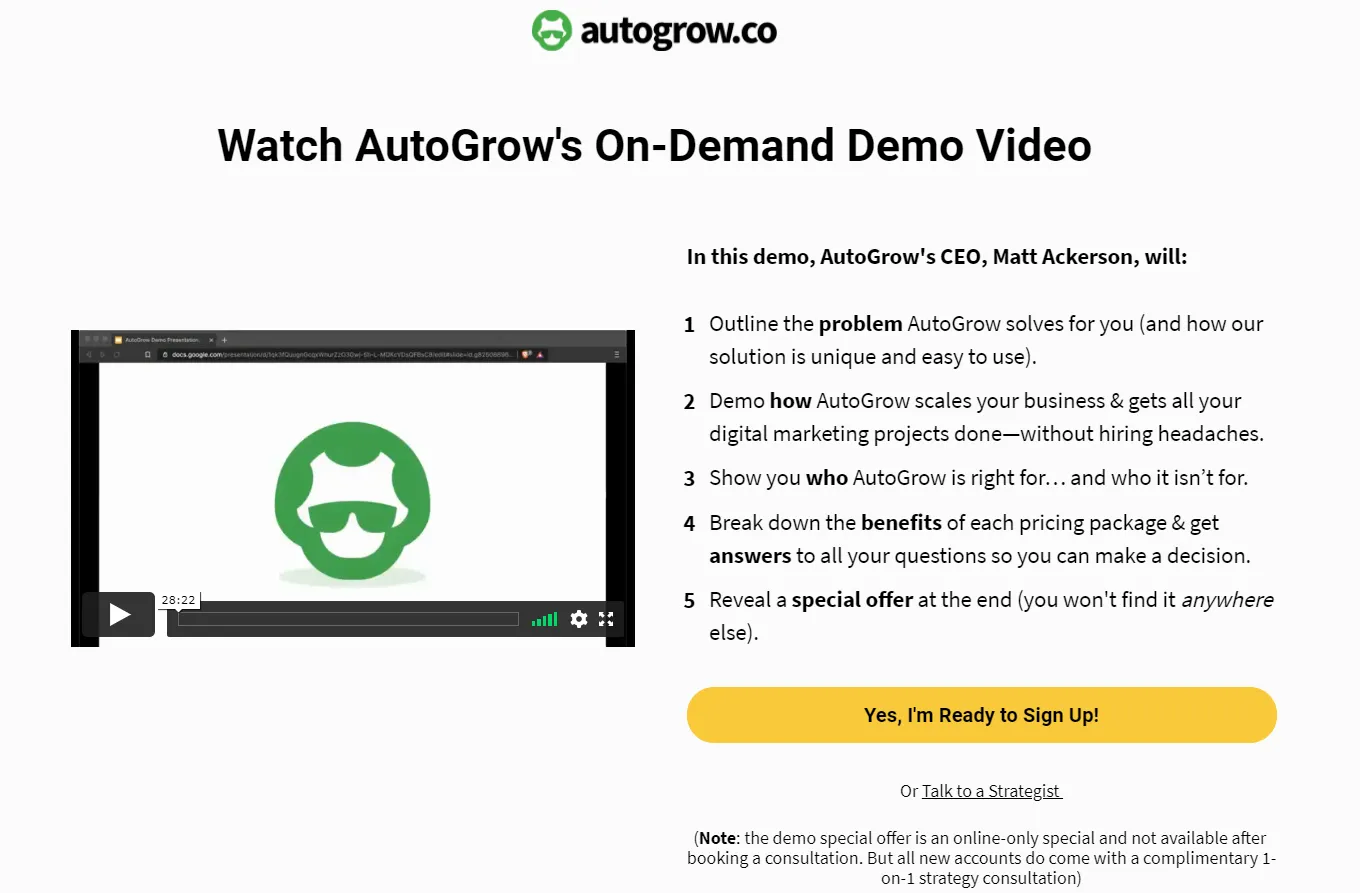 AutoGrow demo webinar: pricing, service, problem solved.