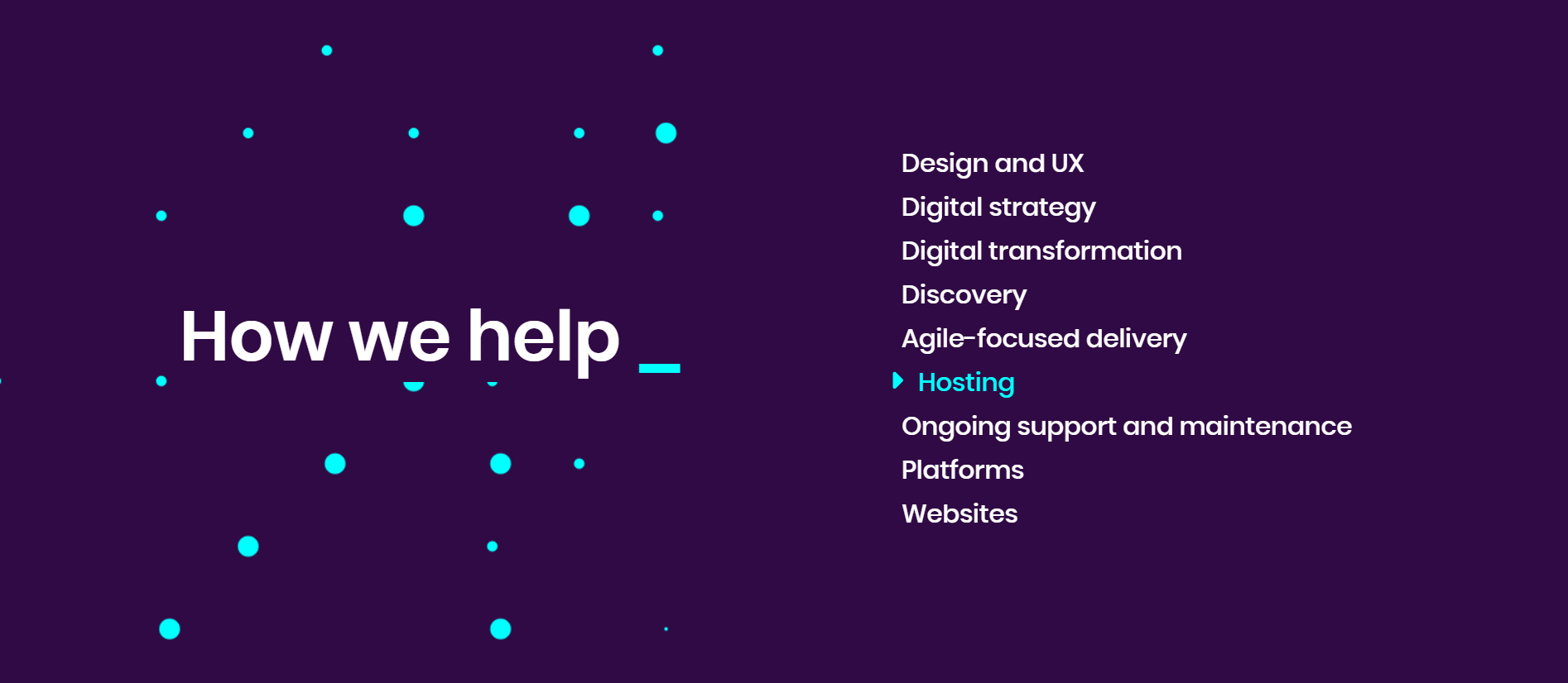 Agency services list, dark background, teal dots.