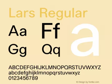 Lars Regular font sample, uppercase and lowercase.