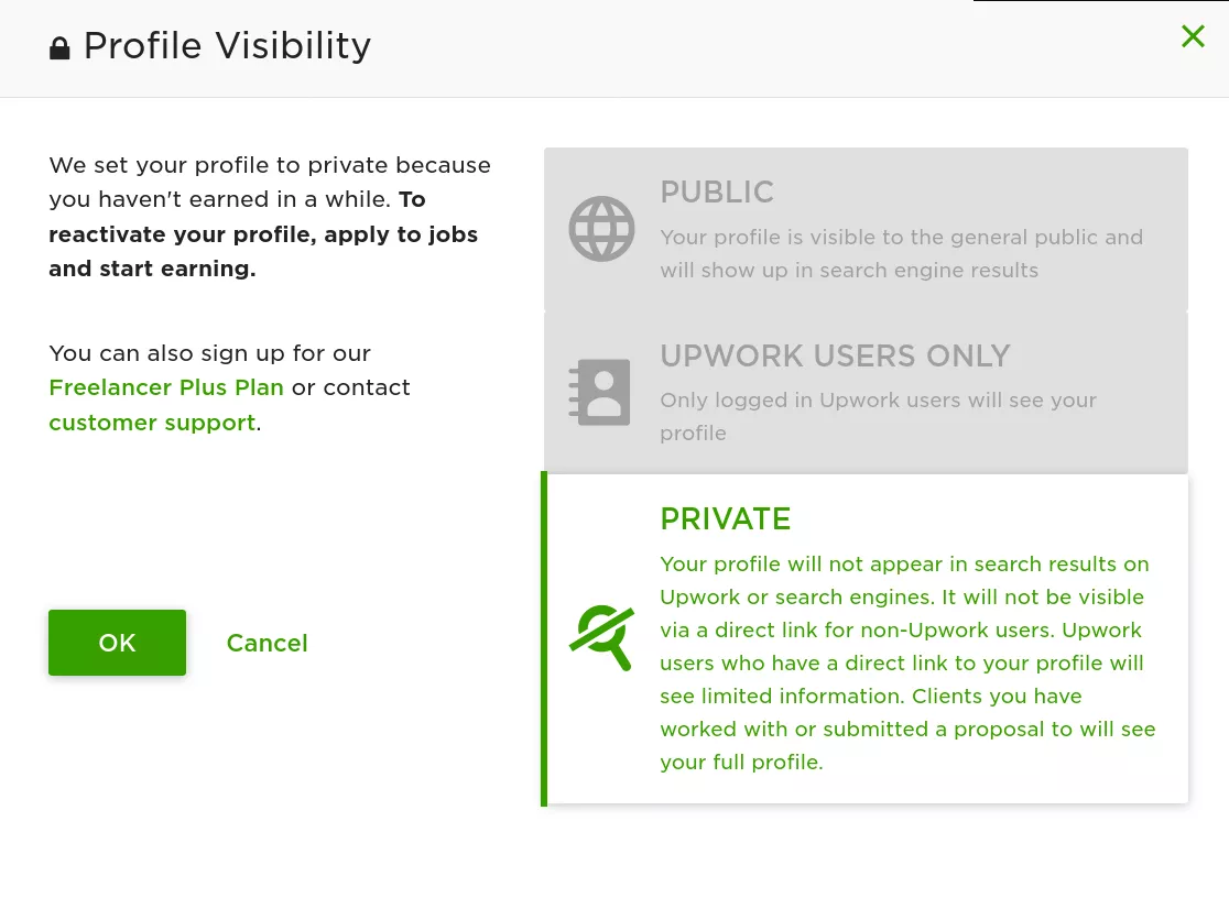 Profile visibility options on Upwork.