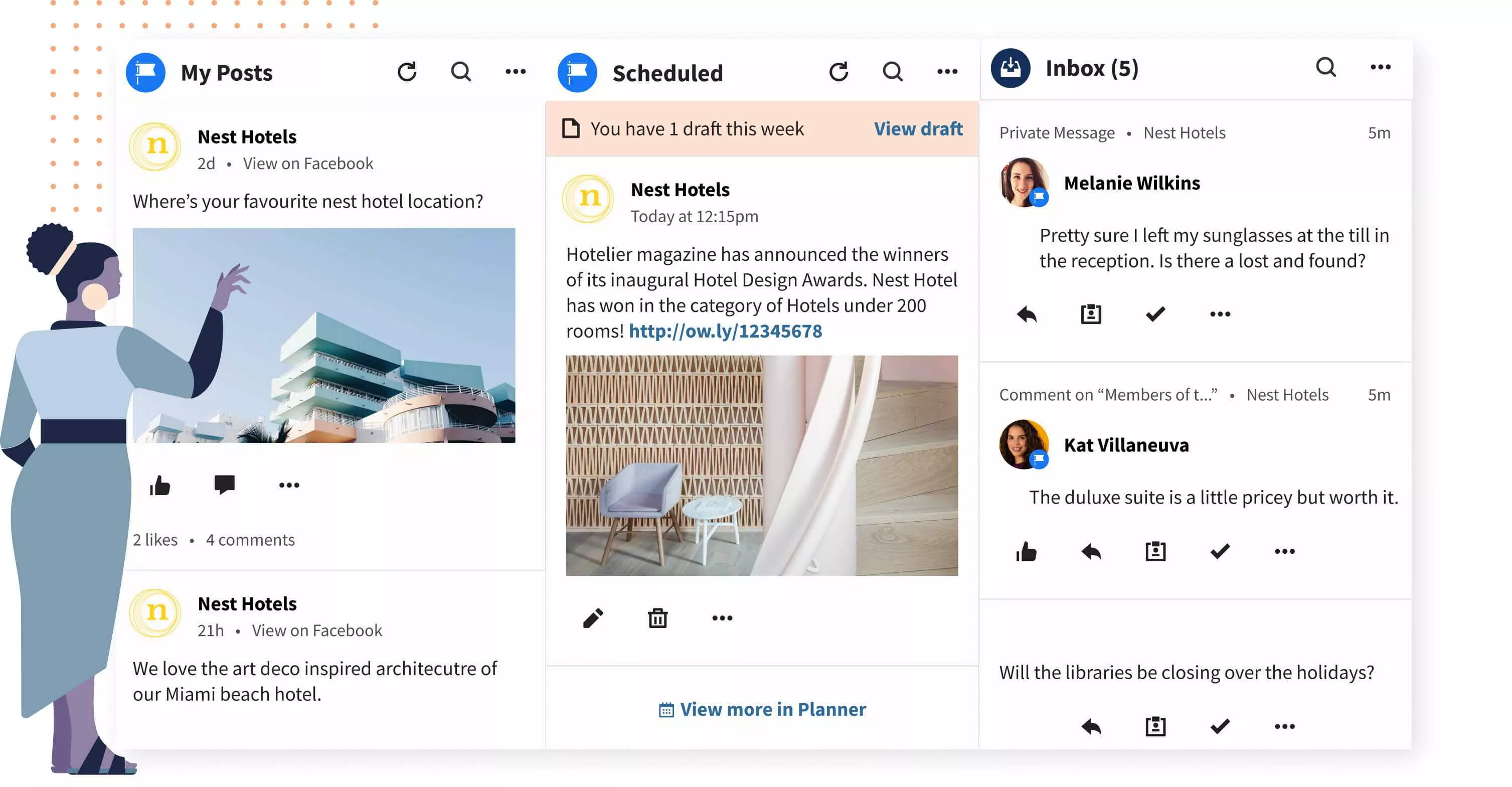 Social media posts, hotel updates.