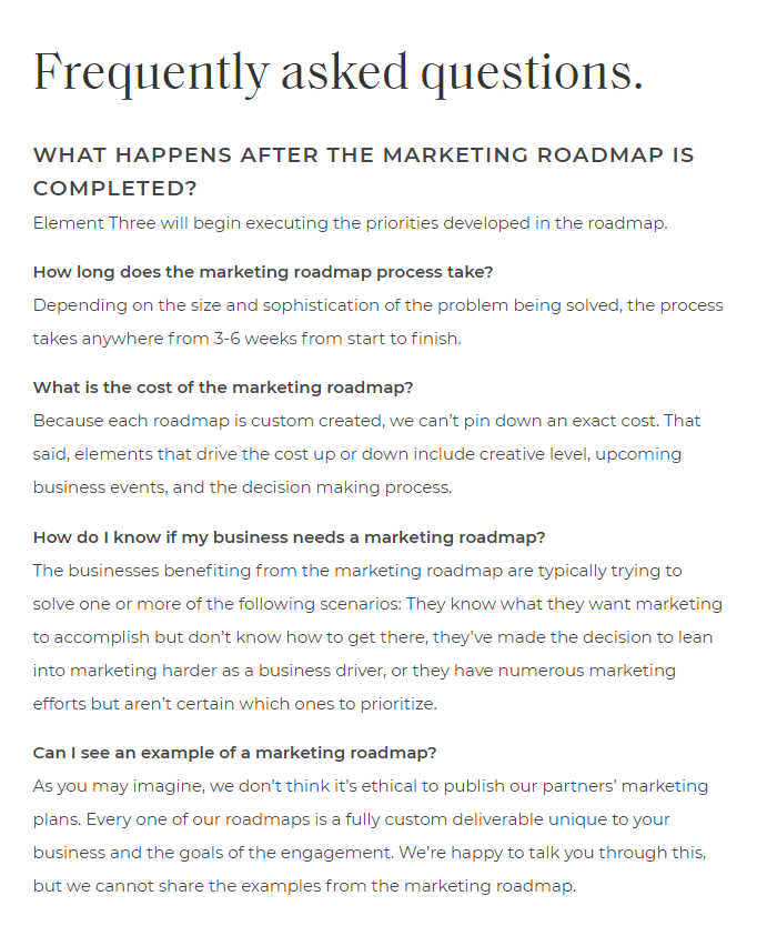 Marketing roadmap FAQs, pricing, & process.