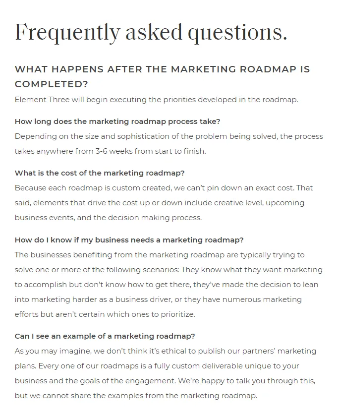 Marketing roadmap FAQs, pricing, & process.