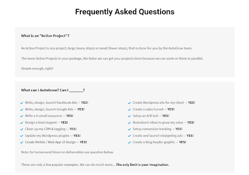 FAQ section, client questions answered.
