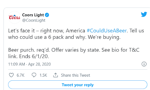 Coors Light tweet offering free beer.