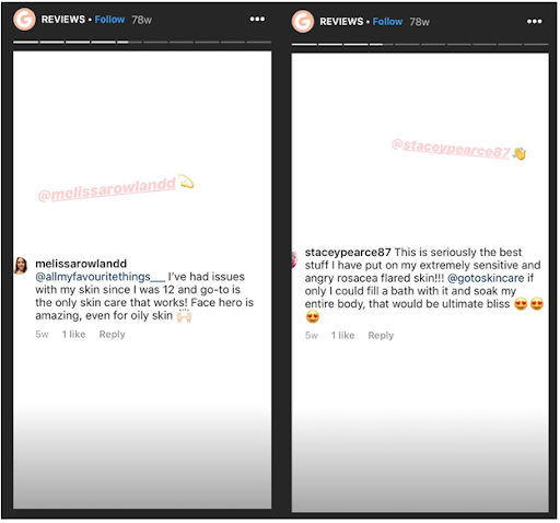 Customer testimonials for skincare.