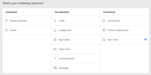 Facebook ad objective options.
