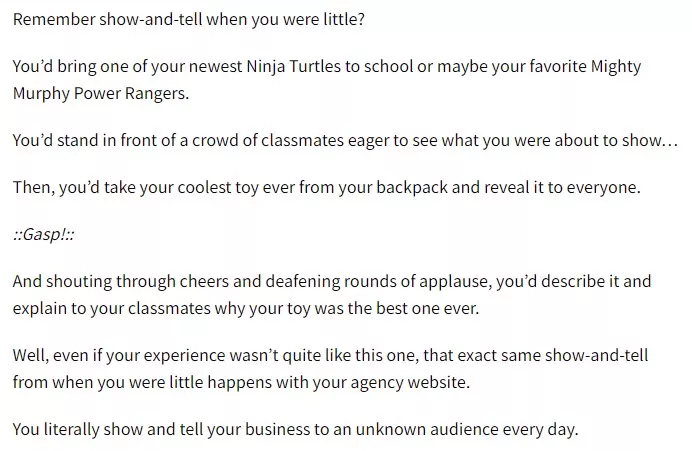 Show-and-tell, agency websites.