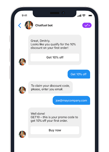 Chatfuel bot outreach, 10% discount.