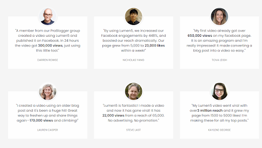 Lumen5 testimonials, video results.