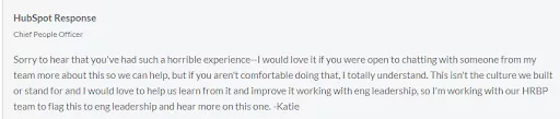 HubSpot response to bad review.