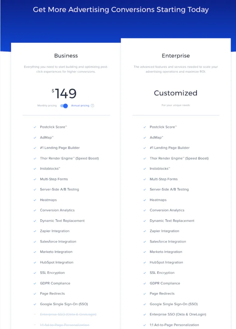 Pricing page, business and enterprise features.