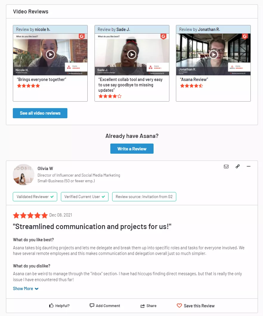 Asana user reviews, positive feedback.