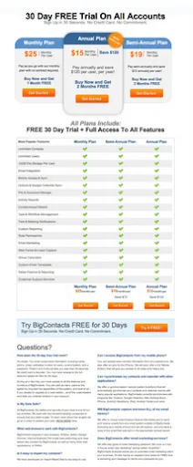 BigContacts pricing page. Free trial offer.