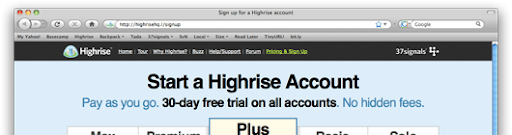 Highrise account signup page. 30-day free trial.