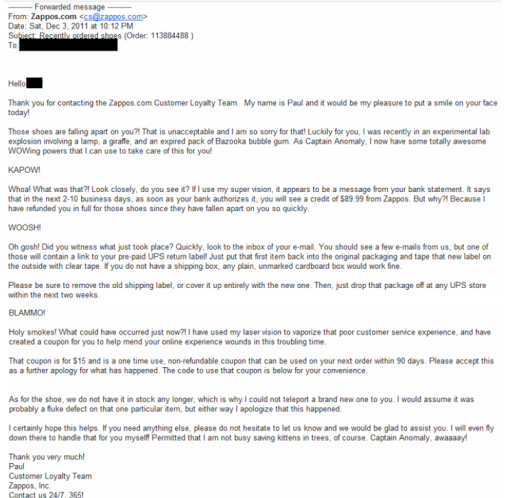 Zappos customer service email, refund, coupon.