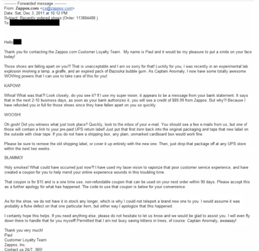 Zappos customer service email, refund, coupon.