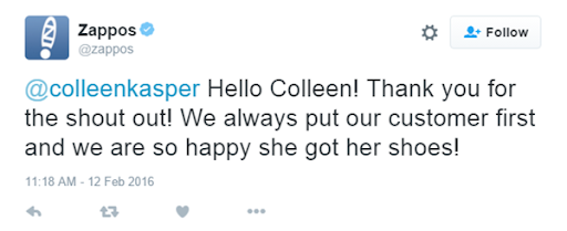 Zappos tweet thanking customer.