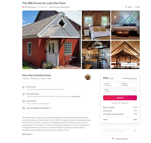 Farm stay, 2 bedrooms, $159/night.