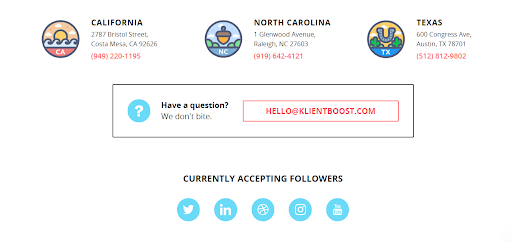 Contact info, social media links.