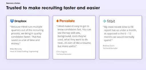 Client testimonials for recruiting software.