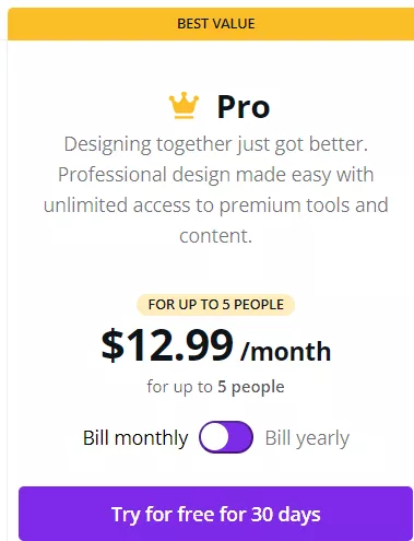 Pro plan, $12.99/month, yearly option.