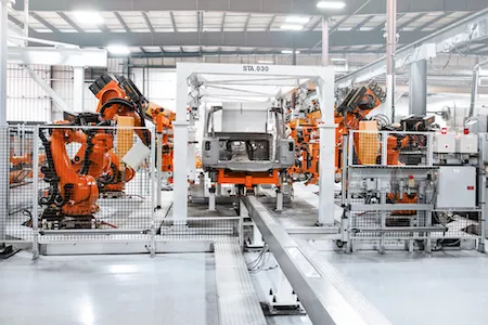 Industrial robots in a production line.