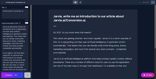 Jarvis AI copywriting tool.