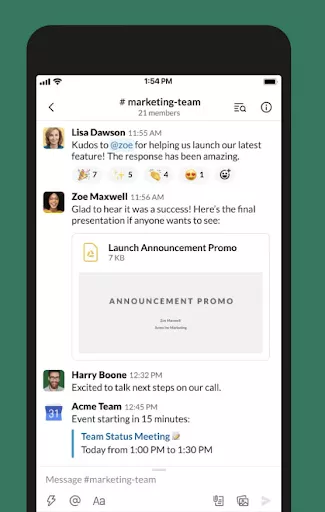 Team chat, announcements, meeting.