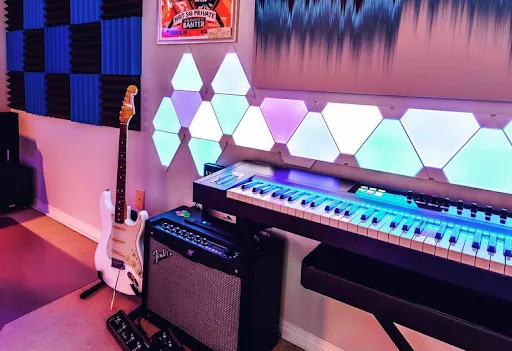 Guitar, keyboard, and colorful lights.