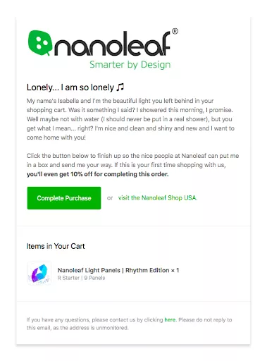 Nanoleaf cart abandonment email.