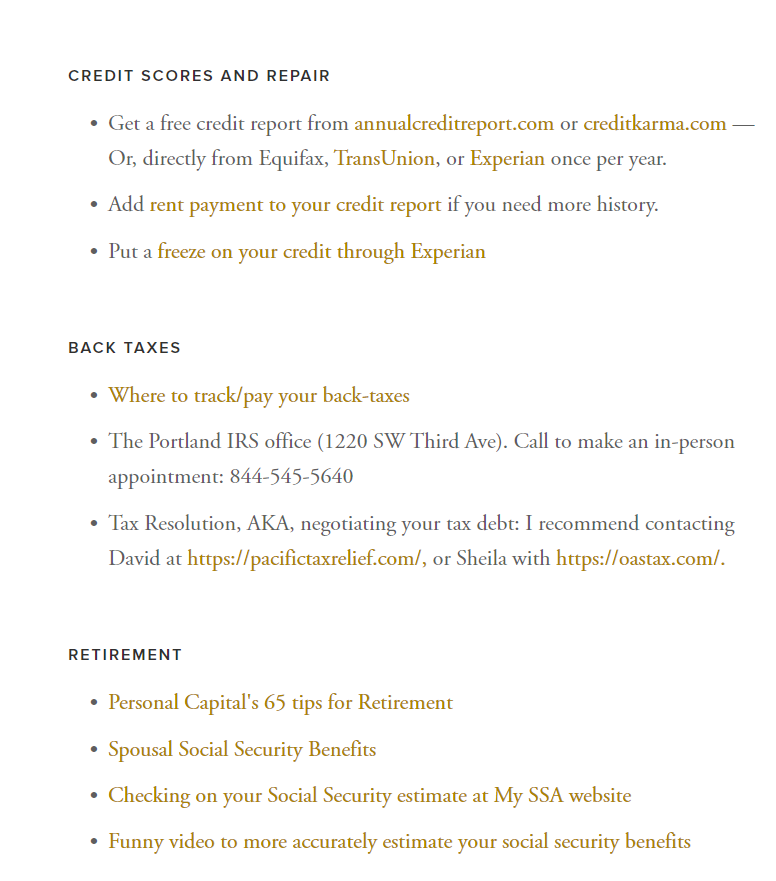 Financial resources page; helpful links.