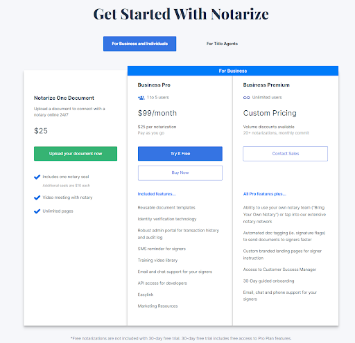 Pricing options for notarizing documents.
