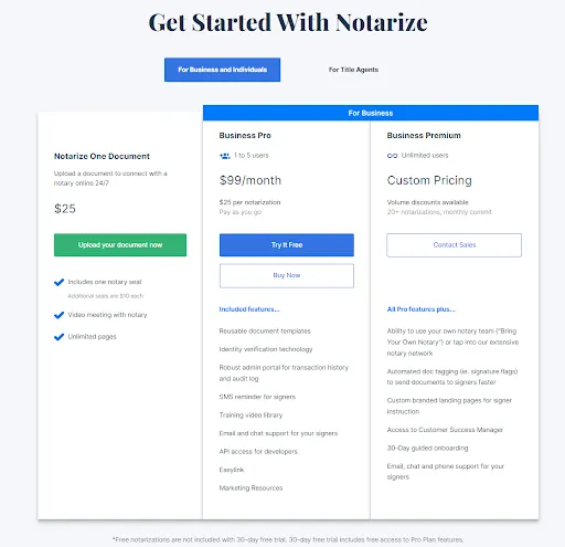 Pricing options for notarizing documents.