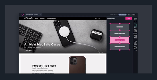 Website editor interface.  Product placement tools.