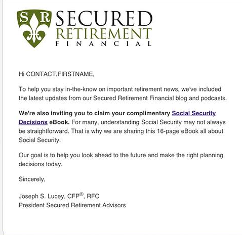 Retirement email offer. Free eBook.