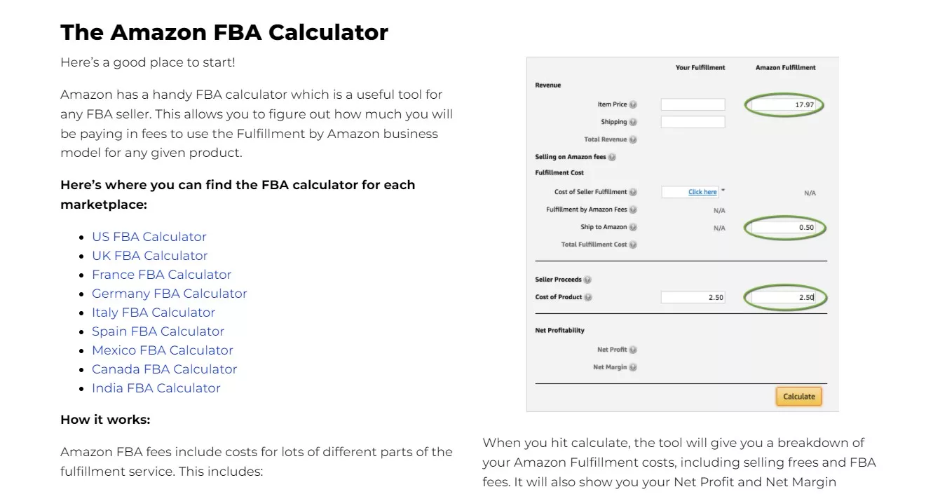 Amazon FBA calculator, fees breakdown.