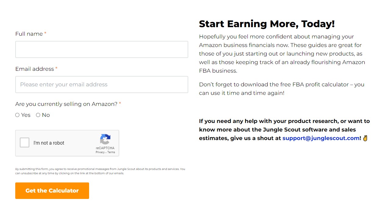 FBA profit calculator opt-in form.