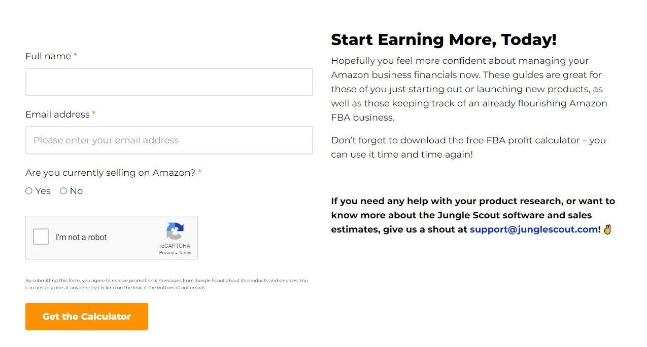 FBA profit calculator opt-in form.