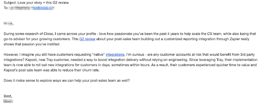 G2 review, post-sales success, and churn reduction.