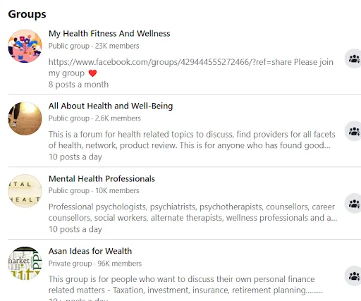 Facebook health & wellness groups.