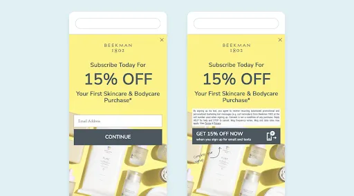 SMS signup for 15% off skincare.