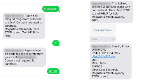 Text messages about free pizza.