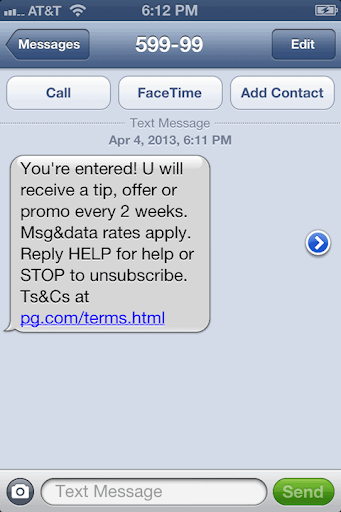 SMS signup for Tide promotions.