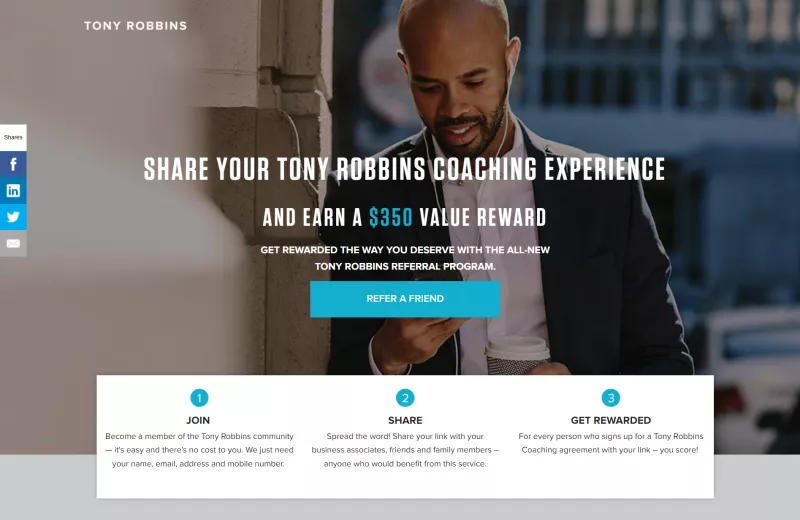 Tony Robbins referral program, $350 reward.