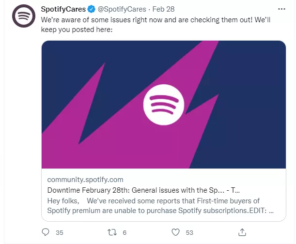Spotify outage announcement.