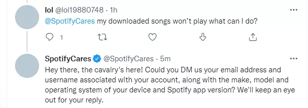 Spotify customer service tweet.
