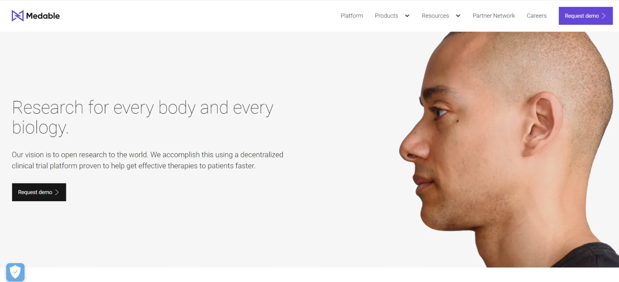 Man profile, request demo button.