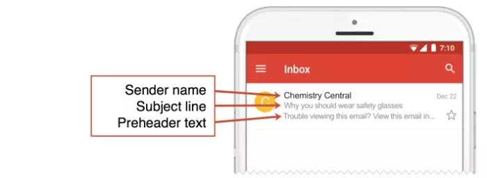 Email sender, subject, and preheader.