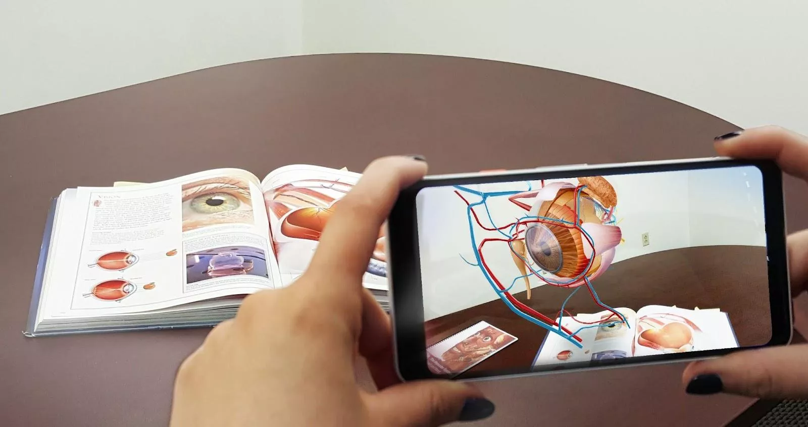 AR overlays eye anatomy on a book.